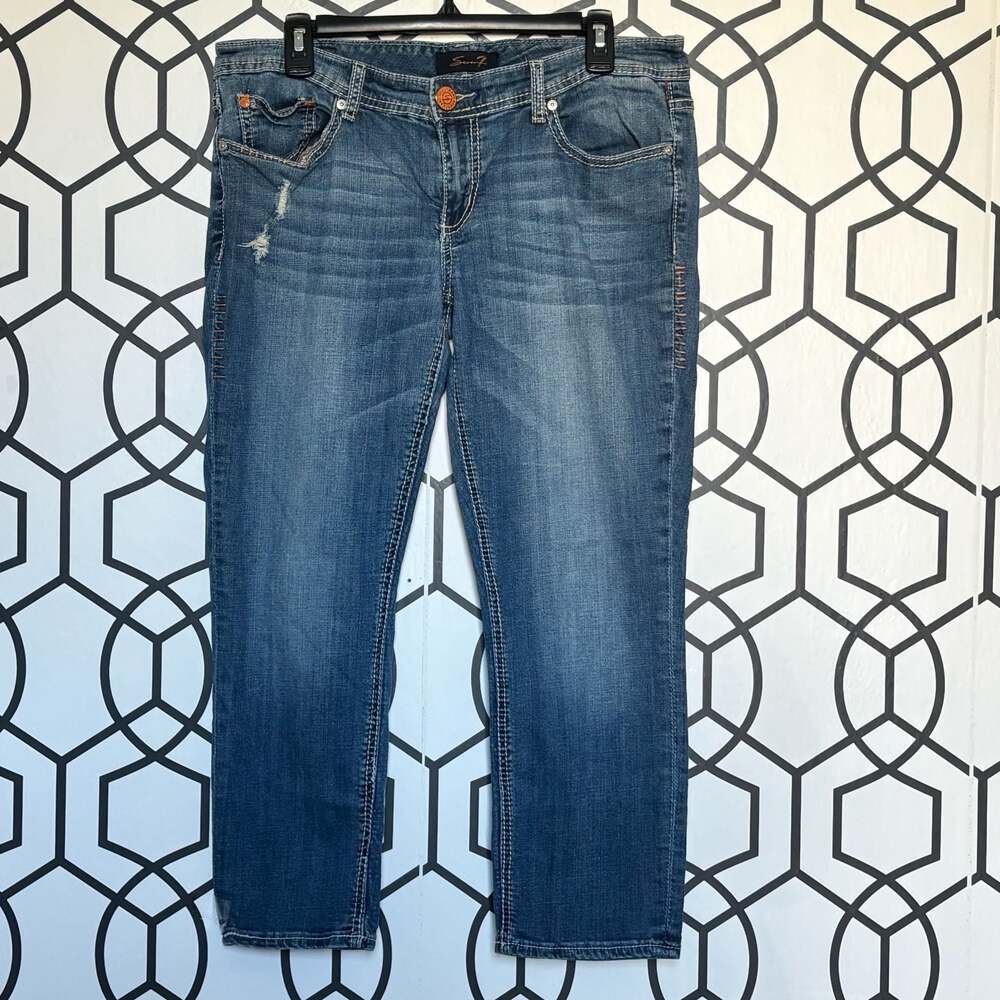 Seven 7 Women Blue Distressed Straight Leg Jeans Size 12